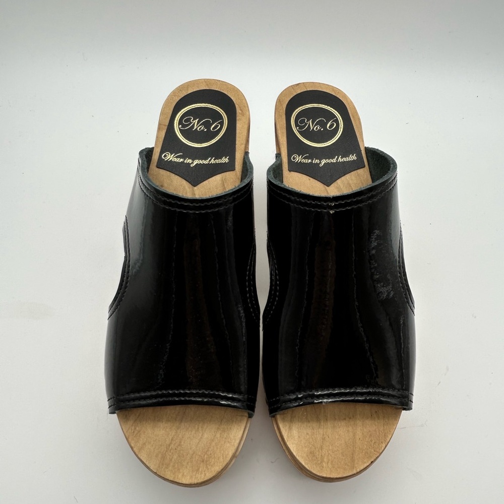 No. 6 Black Patent Leather Platform Clogs with Wood Sole - Picture 3 of 11